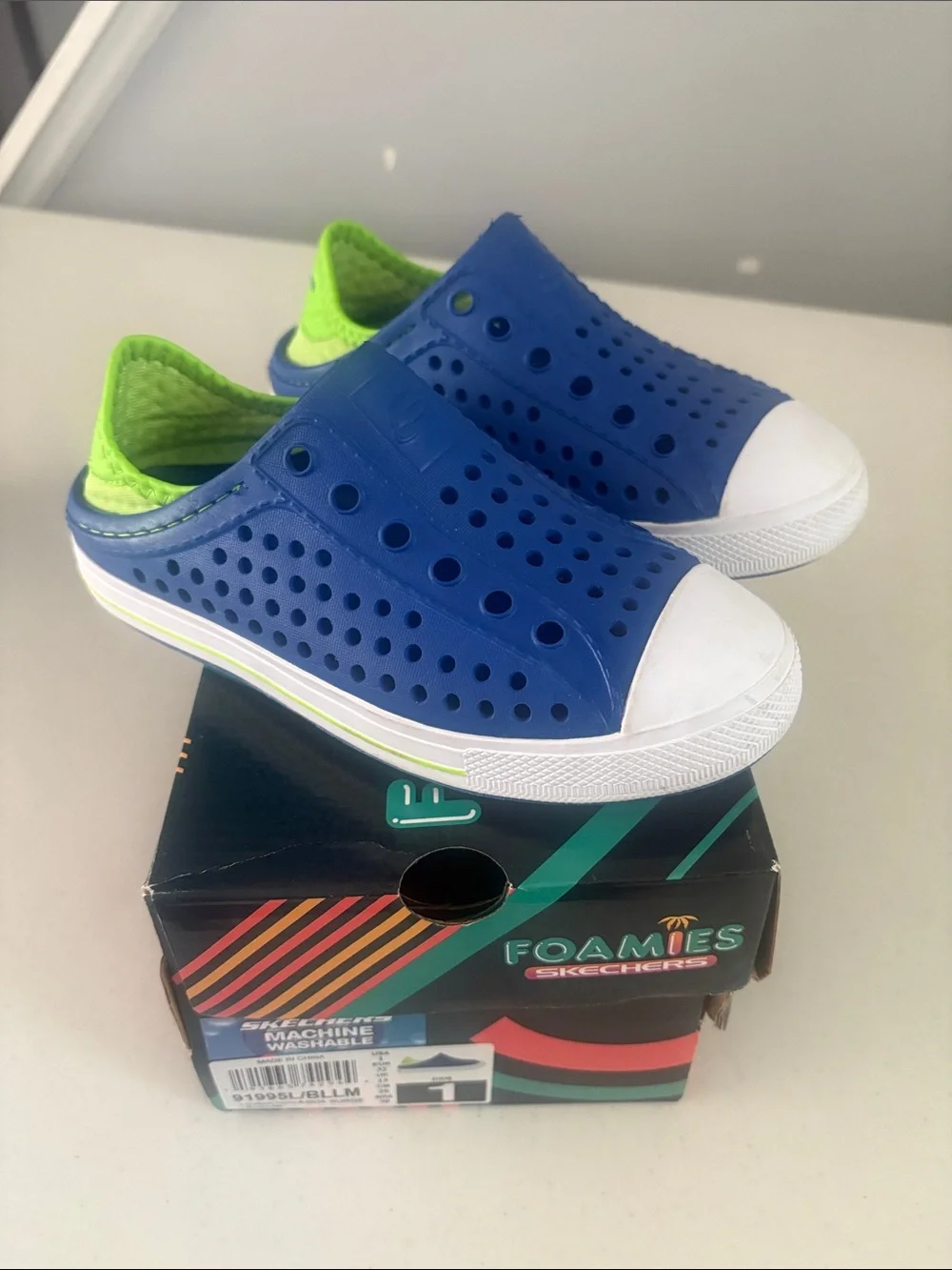 Skechers Kids Perforated Slip-On Water Shoes in Blue & Neon Green